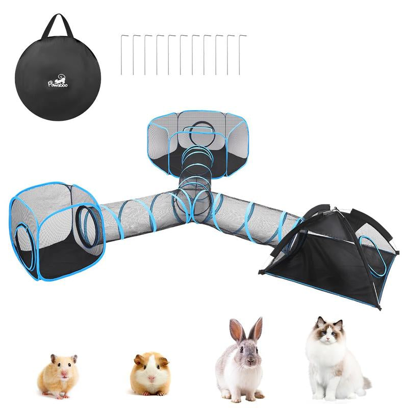 Outdoor Cat Enclosures for Cats Indoor, Patio Portable Mesh Cat Tent, Tunnel, Playhouse with Free Carry Bag & Metal Rod for Multiple Small Animals, Includes Cat Playpen+2 Tent+ Tunnel,Rainbow