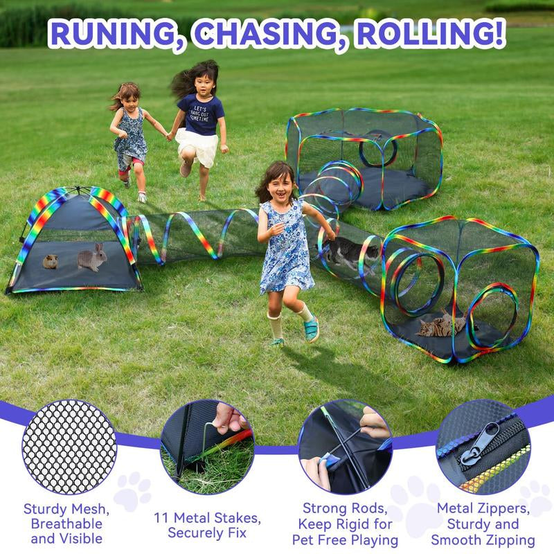 Outdoor Cat Enclosures for Cats Indoor, Patio Portable Mesh Cat Tent, Tunnel, Playhouse with Free Carry Bag & Metal Rod for Multiple Small Animals, Includes Cat Playpen+2 Tent+ Tunnel,Rainbow