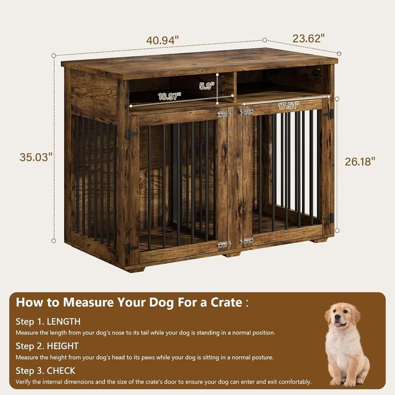HOMBCK Dog Crate, 41/55/63/72 Inch, with Removable Divider and Shelf Storage, Wooden Indoor Dog Crate for Large/Medium/Small Dogs, Farmhouse