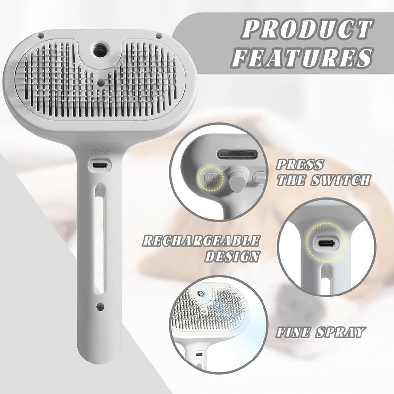 3 in 1 Pet Steam Brush for Shedding & Grooming, Water Brush for Cats Dogs, Pet Hair Removal Comb, Self Cleaning Brush with Release Button Tools Kitten