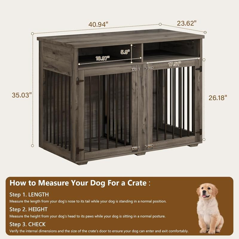 HOMBCK Dog Crate, 41/55/63/72 Inch, with Removable Divider and Shelf Storage, Wooden Indoor Dog Crate for Large/Medium/Small Dogs, Farmhouse