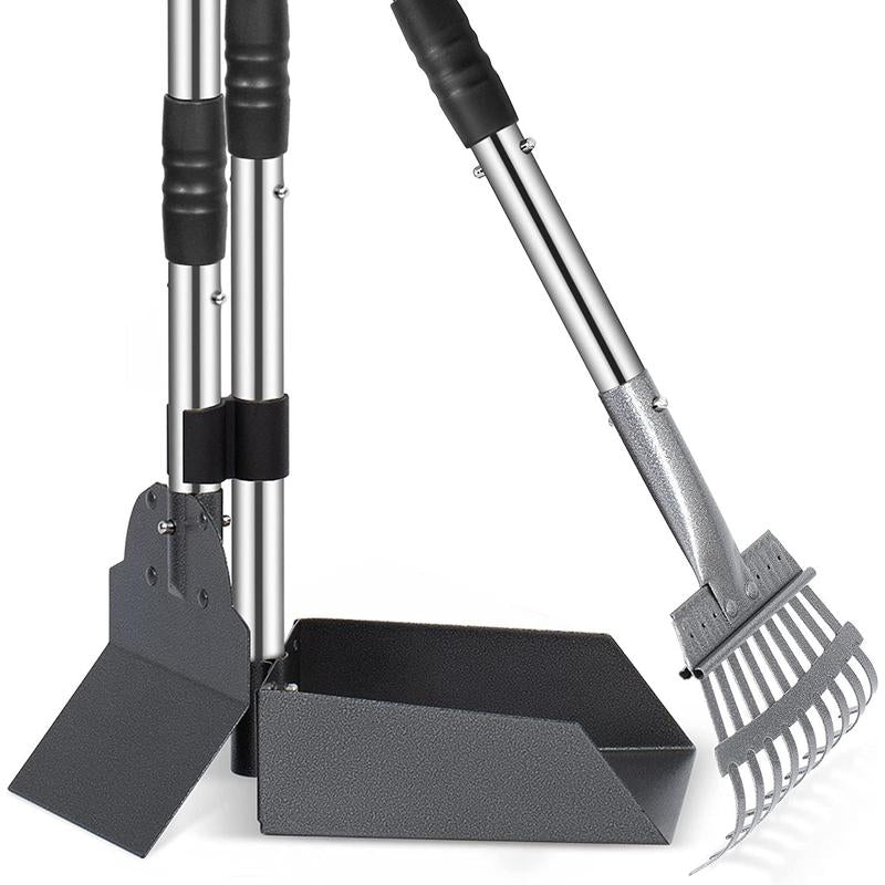 Rust Proof Stainless Steel Dog Pooper Scooper Kit, Durable Long Handle Dog Poop Tray Spade Rake Set, Easy Cleaning Pet Supplies