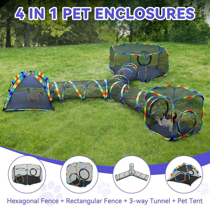 Outdoor Cat Enclosures for Cats Indoor, Patio Portable Mesh Cat Tent, Tunnel, Playhouse with Free Carry Bag & Metal Rod for Multiple Small Animals, Includes Cat Playpen+2 Tent+ Tunnel,Rainbow