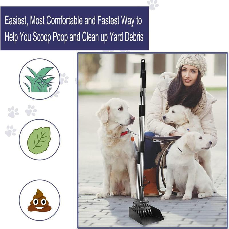 Rust Proof Stainless Steel Dog Pooper Scooper Kit, Durable Long Handle Dog Poop Tray Spade Rake Set, Easy Cleaning Pet Supplies