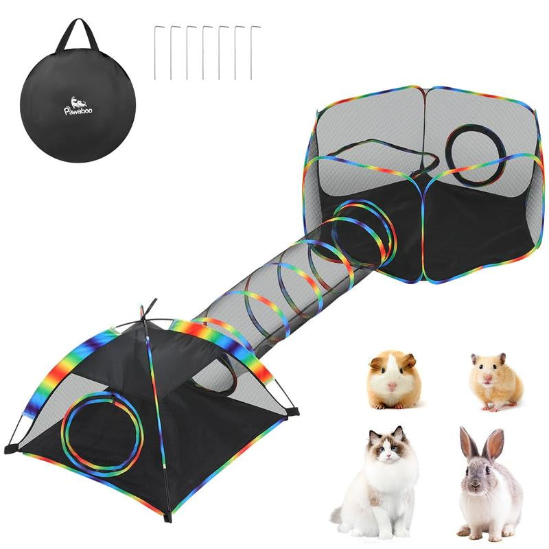 Outdoor Cat Enclosures for Cats Indoor, Patio Portable Mesh Cat Tent, Tunnel, Playhouse with Free Carry Bag & Metal Rod for Multiple Small Animals, Includes Cat Playpen+2 Tent+ Tunnel,Rainbow