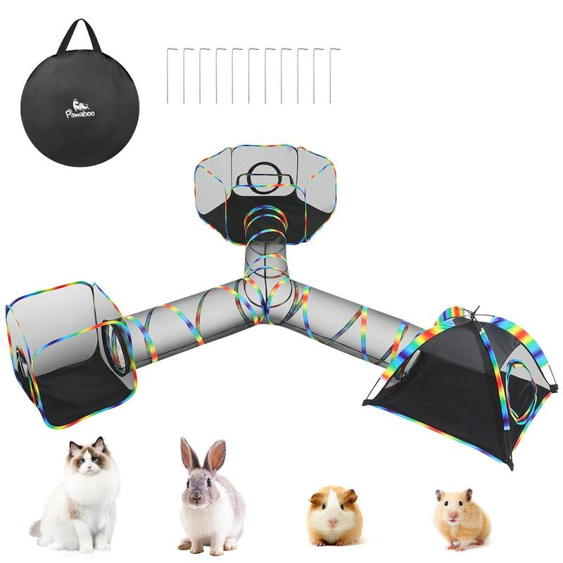 Outdoor Cat Enclosures for Cats Indoor, Patio Portable Mesh Cat Tent, Tunnel, Playhouse with Free Carry Bag & Metal Rod for Multiple Small Animals, Includes Cat Playpen+2 Tent+ Tunnel,Rainbow