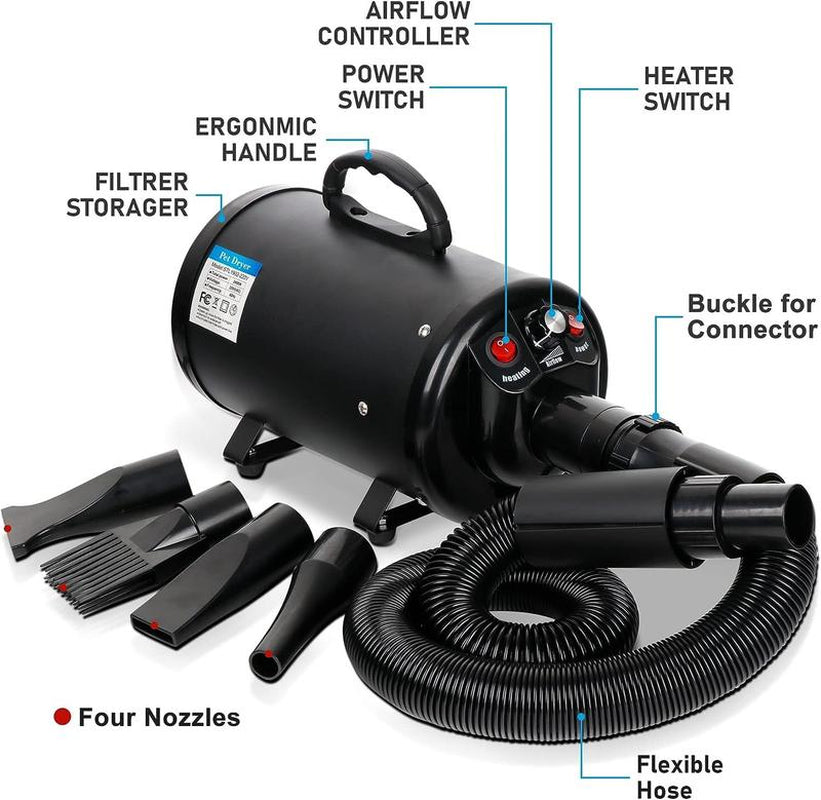 NOVA Dog Hair Dryer 2400W Professional Pet Grooming Dryer Adjustable Speed W/4 Nozzles