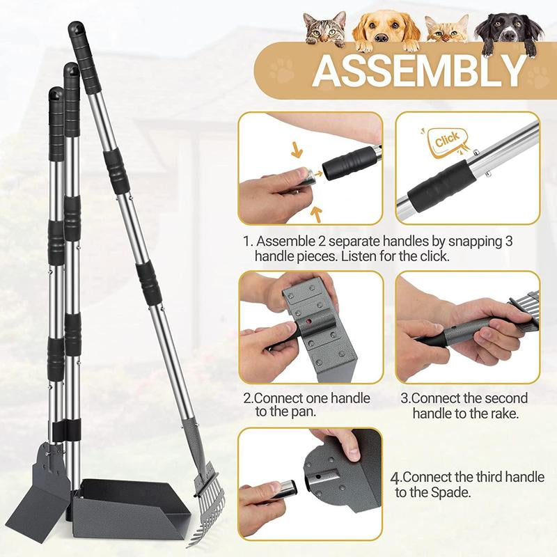 Rust Proof Stainless Steel Dog Pooper Scooper Kit, Durable Long Handle Dog Poop Tray Spade Rake Set, Easy Cleaning Pet Supplies
