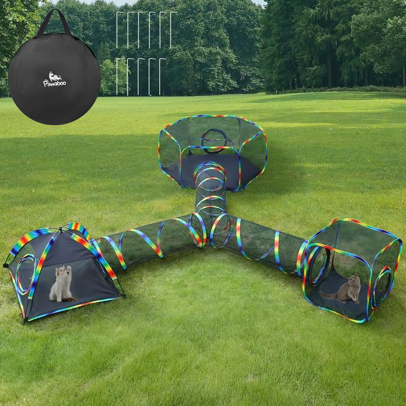 Outdoor Cat Enclosures for Cats Indoor, Patio Portable Mesh Cat Tent, Tunnel, Playhouse with Free Carry Bag & Metal Rod for Multiple Small Animals, Includes Cat Playpen+2 Tent+ Tunnel,Rainbow