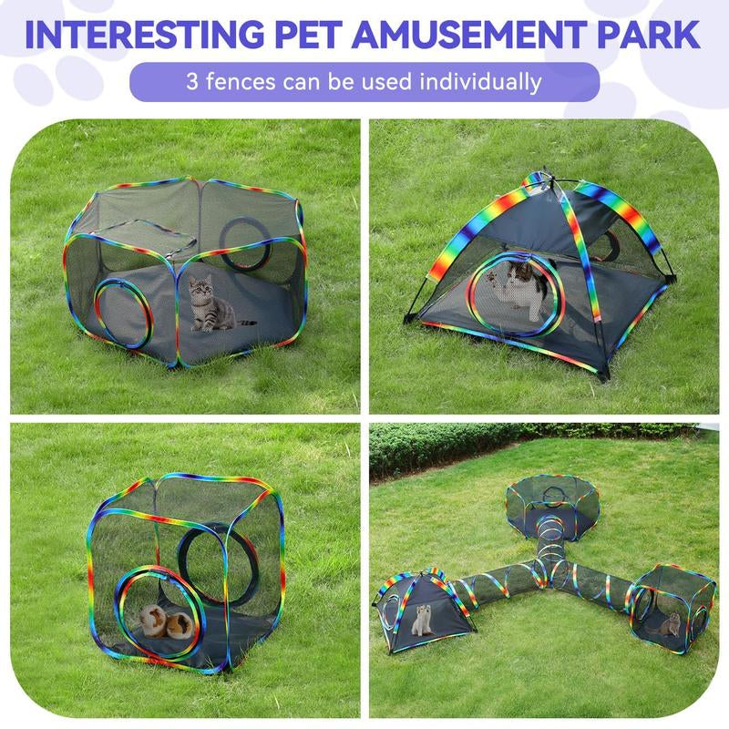Outdoor Cat Enclosures for Cats Indoor, Patio Portable Mesh Cat Tent, Tunnel, Playhouse with Free Carry Bag & Metal Rod for Multiple Small Animals, Includes Cat Playpen+2 Tent+ Tunnel,Rainbow