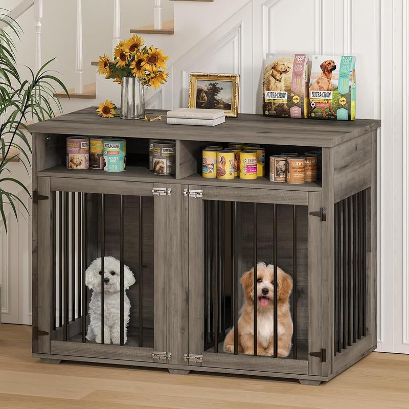 HOMBCK Dog Crate, 41/55/63/72 Inch, with Removable Divider and Shelf Storage, Wooden Indoor Dog Crate for Large/Medium/Small Dogs, Farmhouse