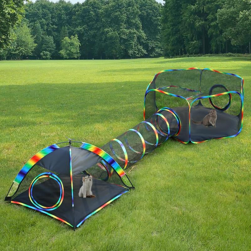 Outdoor Cat Enclosures for Cats Indoor, Patio Portable Mesh Cat Tent, Tunnel, Playhouse with Free Carry Bag & Metal Rod for Multiple Small Animals, Includes Cat Playpen+2 Tent+ Tunnel,Rainbow