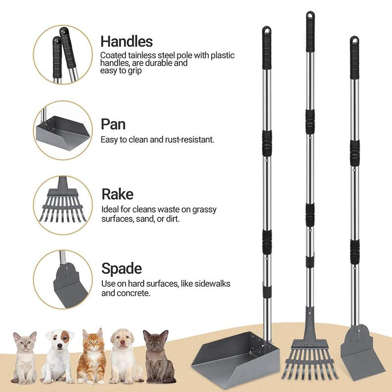 Rust Proof Stainless Steel Dog Pooper Scooper Kit, Durable Long Handle Dog Poop Tray Spade Rake Set, Easy Cleaning Pet Supplies