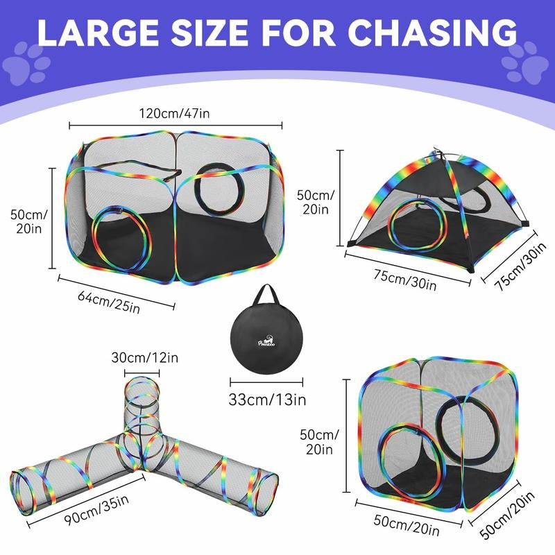 Outdoor Cat Enclosures for Cats Indoor, Patio Portable Mesh Cat Tent, Tunnel, Playhouse with Free Carry Bag & Metal Rod for Multiple Small Animals, Includes Cat Playpen+2 Tent+ Tunnel,Rainbow