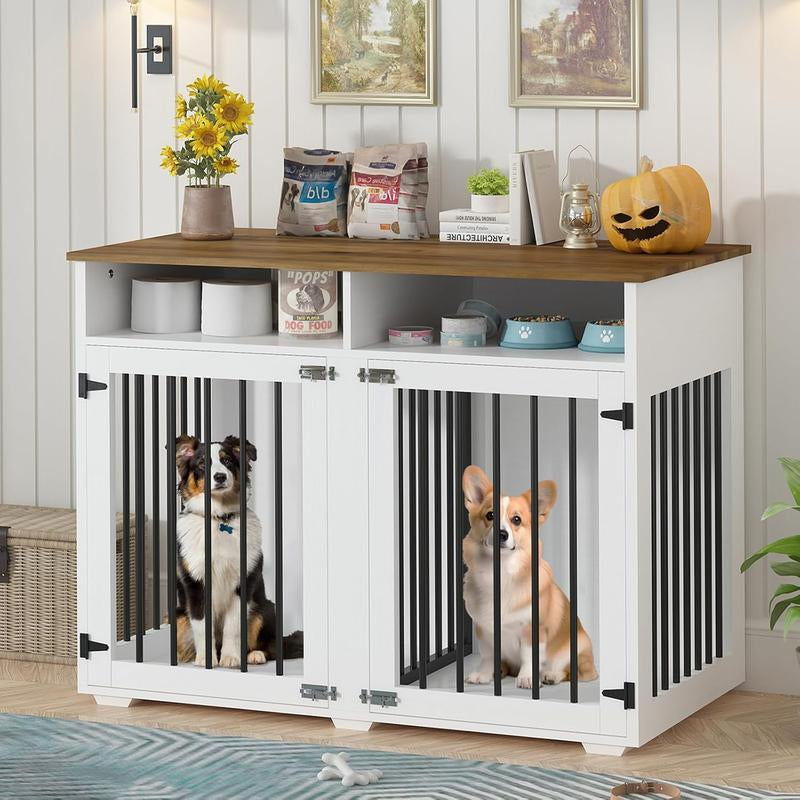 HOMBCK Dog Crate, 41/55/63/72 Inch, with Removable Divider and Shelf Storage, Wooden Indoor Dog Crate for Large/Medium/Small Dogs, Farmhouse