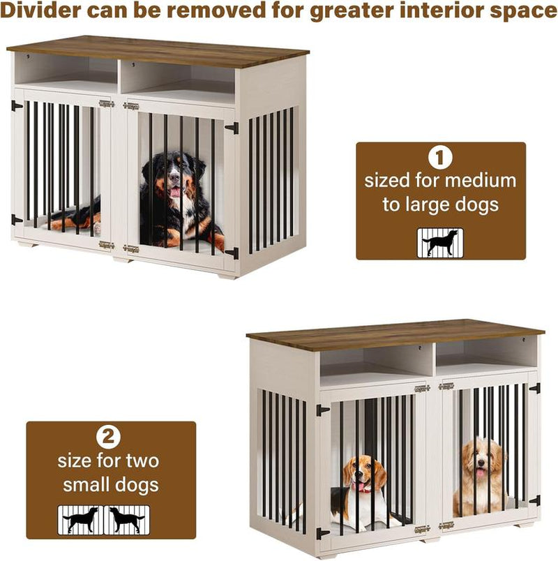 HOMBCK Dog Crate, 41/55/63/72 Inch, with Removable Divider and Shelf Storage, Wooden Indoor Dog Crate for Large/Medium/Small Dogs, Farmhouse