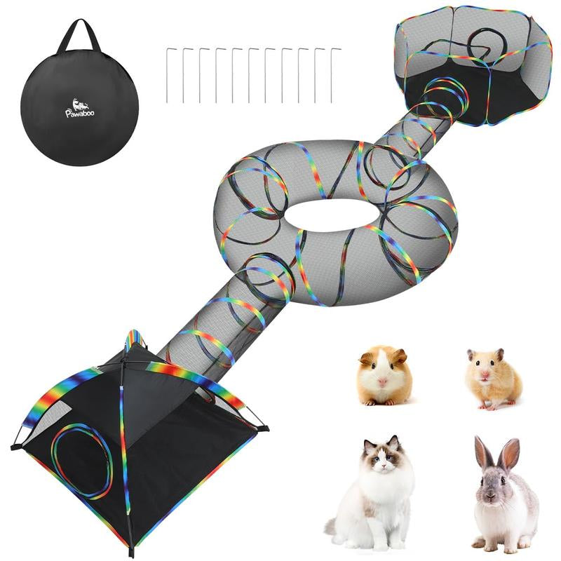 Outdoor Cat Enclosures for Cats Indoor, Patio Portable Mesh Cat Tent, Tunnel, Playhouse with Free Carry Bag & Metal Rod for Multiple Small Animals, Includes Cat Playpen+2 Tent+ Tunnel,Rainbow