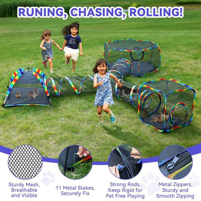 Outdoor Cat Enclosures for Cats Indoor, Patio Portable Mesh Cat Tent, Tunnel, Playhouse with Free Carry Bag & Metal Rod for Multiple Small Animals, Includes Cat Playpen+2 Tent+ Tunnel,Rainbow
