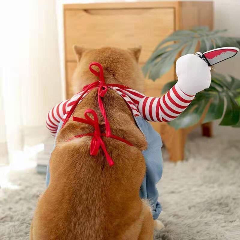 Funny Chucky Dog Costume with Pet Wig, Cosplay Scary Outfit with Knife, Creative Pet Costume for Small Medium and Large Dogs Cats Puppy, Halloween Husky Clothes