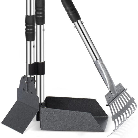 Rust Proof Stainless Steel Dog Pooper Scooper Kit, Durable Long Handle Dog Poop Tray Spade Rake Set, Easy Cleaning Pet Supplies