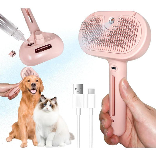 3 in 1 Pet Steam Brush for Shedding & Grooming, Water Brush for Cats Dogs, Pet Hair Removal Comb, Self Cleaning Brush with Release Button Tools Kitten