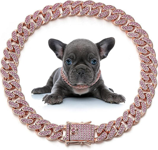 Petfusion Dog Chain Collar Diamond Link Puppy Collar 12 Mm Wide Rose Gold Crystal Necklace Jewelry Accessories for Small Medium Large Pets 8 Inch Durable & Stylish