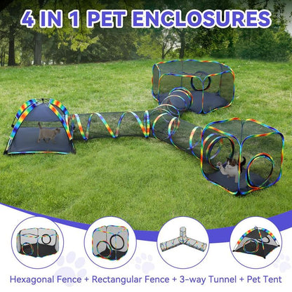 Outdoor Cat Enclosures for Cats Indoor, Patio Portable Mesh Cat Tent, Tunnel, Playhouse with Free Carry Bag & Metal Rod for Multiple Small Animals, Includes Cat Playpen+2 Tent+ Tunnel,Rainbow