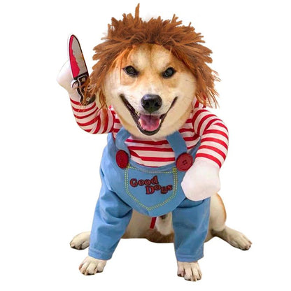 Funny Chucky Dog Costume with Pet Wig, Cosplay Scary Outfit with Knife, Creative Pet Costume for Small Medium and Large Dogs Cats Puppy, Halloween Husky Clothes