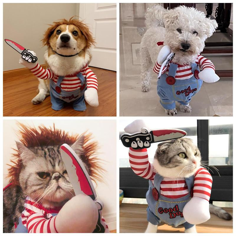 Funny Chucky Dog Costume with Pet Wig, Cosplay Scary Outfit with Knife, Creative Pet Costume for Small Medium and Large Dogs Cats Puppy, Halloween Husky Clothes
