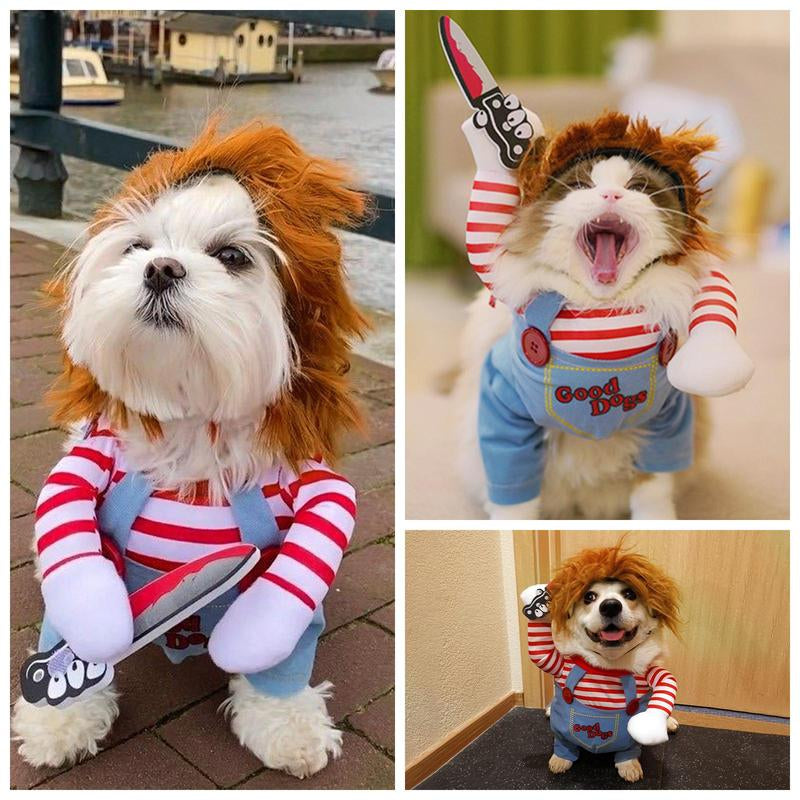 Funny Chucky Dog Costume with Pet Wig, Cosplay Scary Outfit with Knife, Creative Pet Costume for Small Medium and Large Dogs Cats Puppy, Halloween Husky Clothes