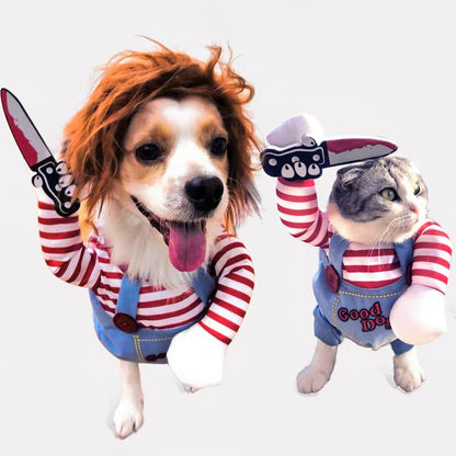Funny Chucky Dog Costume with Pet Wig, Cosplay Scary Outfit with Knife, Creative Pet Costume for Small Medium and Large Dogs Cats Puppy, Halloween Husky Clothes