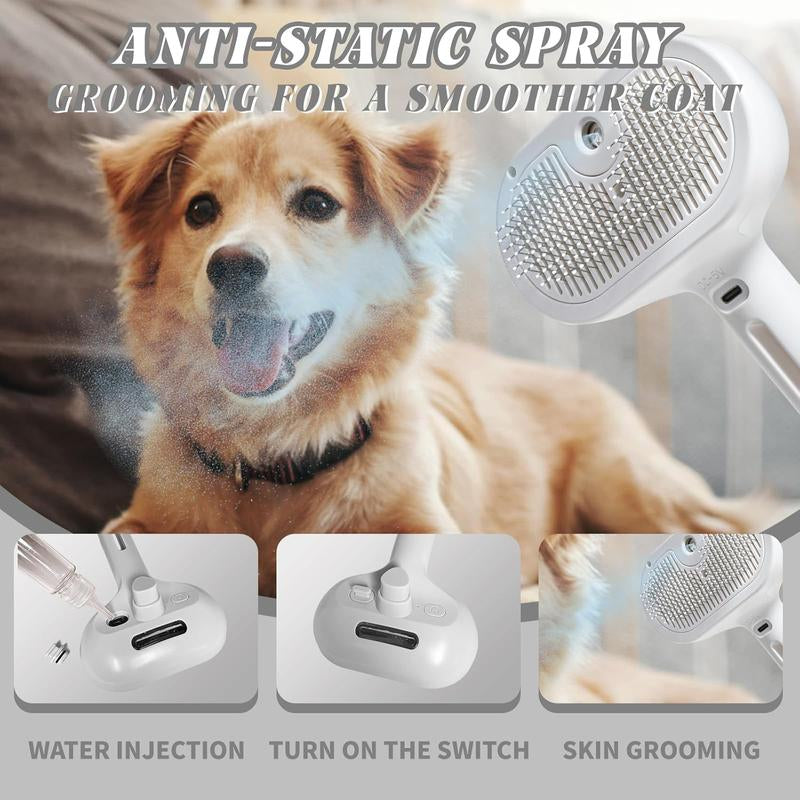 3 in 1 Pet Steam Brush for Shedding & Grooming, Water Brush for Cats Dogs, Pet Hair Removal Comb, Self Cleaning Brush with Release Button Tools Kitten