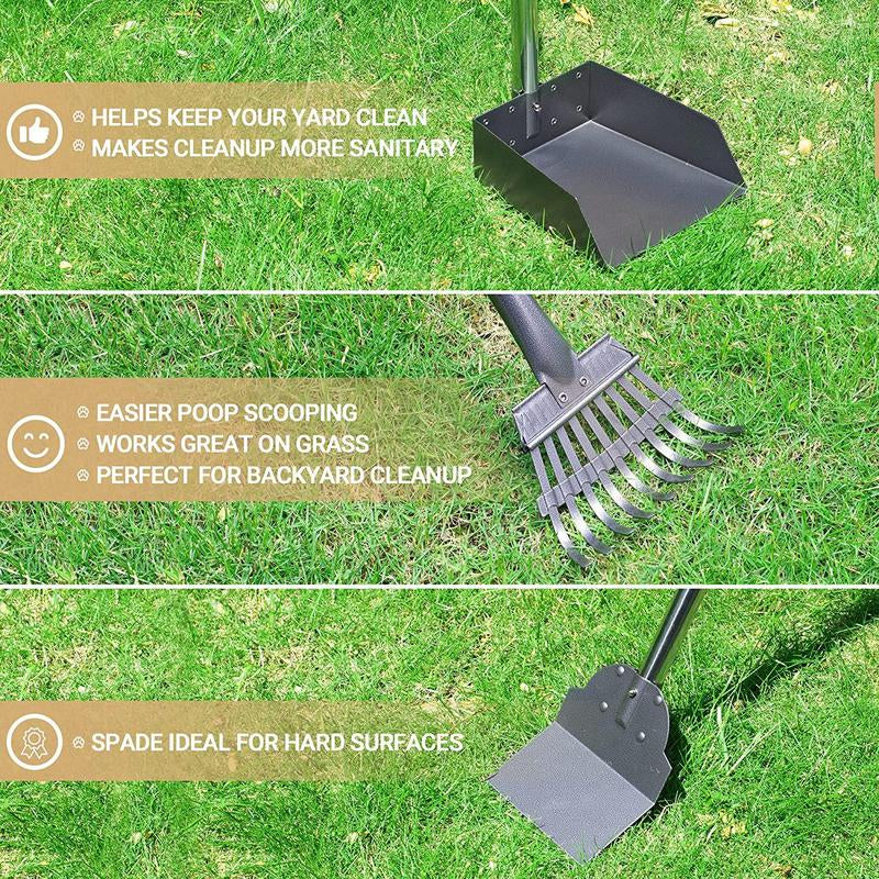 Rust Proof Stainless Steel Dog Pooper Scooper Kit, Durable Long Handle Dog Poop Tray Spade Rake Set, Easy Cleaning Pet Supplies