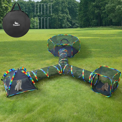 Outdoor Cat Enclosures for Cats Indoor, Patio Portable Mesh Cat Tent, Tunnel, Playhouse with Free Carry Bag & Metal Rod for Multiple Small Animals, Includes Cat Playpen+2 Tent+ Tunnel,Rainbow