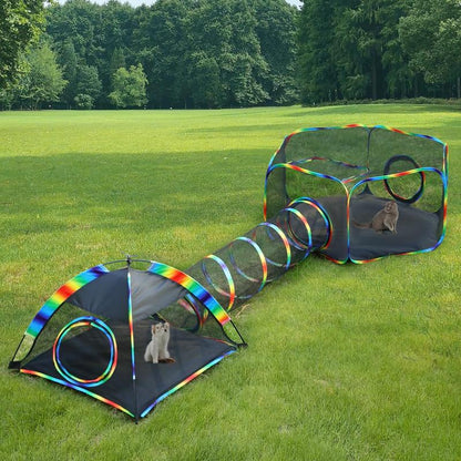 Outdoor Cat Enclosures for Cats Indoor, Patio Portable Mesh Cat Tent, Tunnel, Playhouse with Free Carry Bag & Metal Rod for Multiple Small Animals, Includes Cat Playpen+2 Tent+ Tunnel,Rainbow