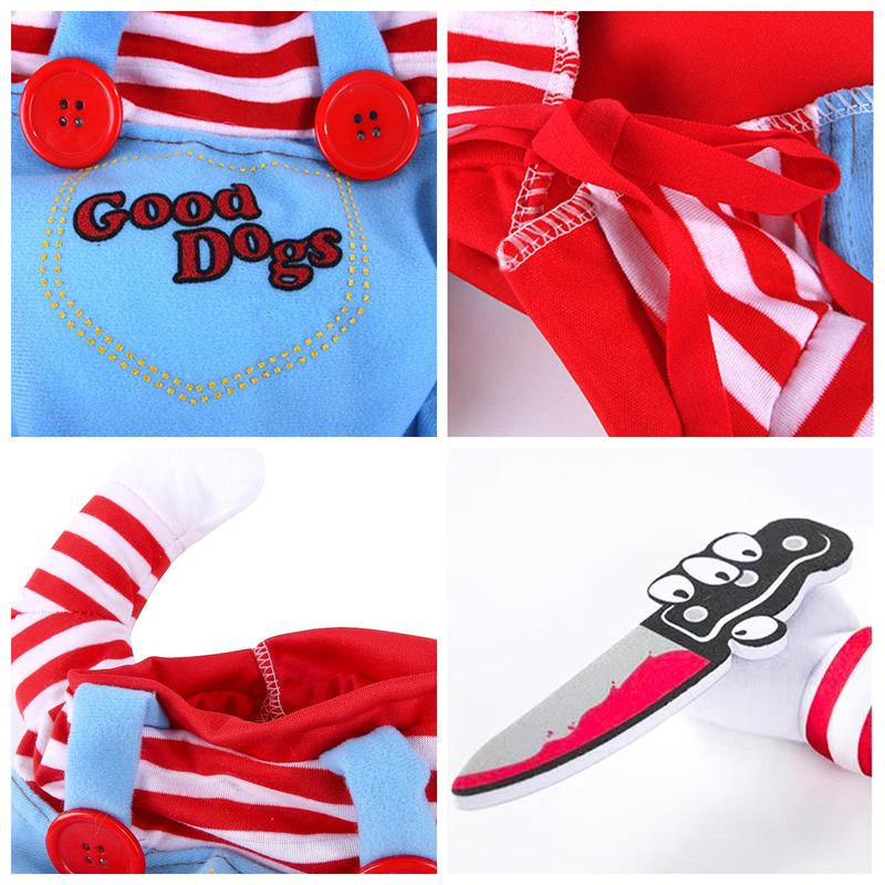 Funny Chucky Dog Costume with Pet Wig, Cosplay Scary Outfit with Knife, Creative Pet Costume for Small Medium and Large Dogs Cats Puppy, Halloween Husky Clothes