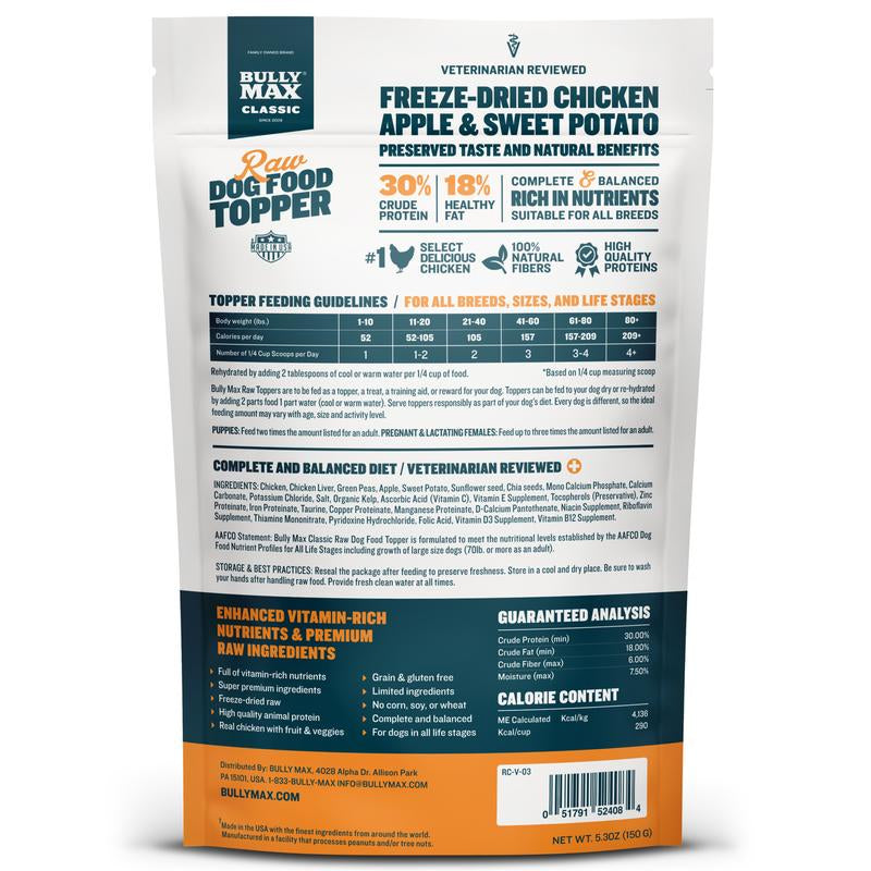 Bully Max Classic Raw Dog Food Topper Chicken Flavor High Protein Freeze-Dried Meal Enhancer with Real Chicken Chia Seeds for Lean Muscle Growth