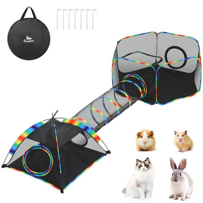 Outdoor Cat Enclosures for Cats Indoor, Patio Portable Mesh Cat Tent, Tunnel, Playhouse with Free Carry Bag & Metal Rod for Multiple Small Animals, Includes Cat Playpen+2 Tent+ Tunnel,Rainbow